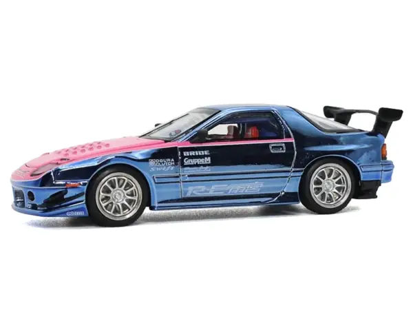 Mazda RX7 (FC3S) RE Amemiya RHD (Right Hand Drive) Blue Metallic with Pink Hood "Los Angeles Edition" 1/64 Diecast Model Car by Pop Race #2