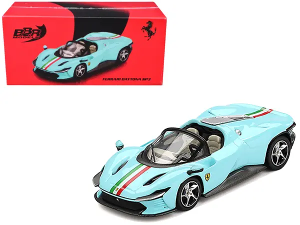 Ferrari Daytona SP3 Light Blue with Italian Flag Stripes 1/64 Diecast Model Car by BBR #1