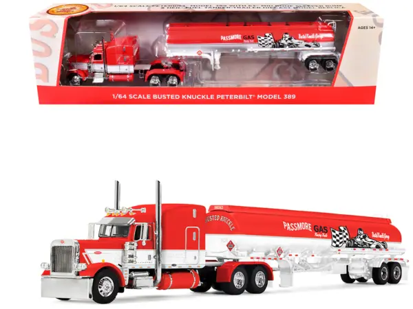 Peterbilt 389 with 63" Mid-Roof Sleeper and Heil Fuel Tank Trailer "Busted Knuckle Garage" Red and White 1/64 Diecast Model by DCP/First Gear #1