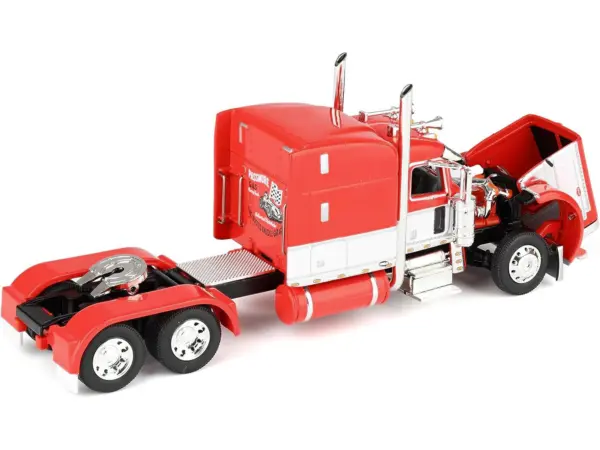 Peterbilt 389 with 63" Mid-Roof Sleeper and Heil Fuel Tank Trailer "Busted Knuckle Garage" Red and White 1/64 Diecast Model by DCP/First Gear #3