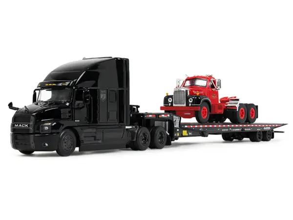 Mack Anthem Sleeper and Landoll 440B-50CA Traveling Axle Trailer Black with Mack B-61 Day Cab Load Red "Mack Anniversary" 1/64 Diecast Model by DCP/First Gear #2
