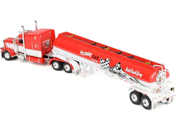 Peterbilt 389 with 63" Mid-Roof Sleeper and Heil Fuel Tank Trailer "Busted Knuckle Garage" Red and White 1/64 Diecast Model by DCP/First Gear #5