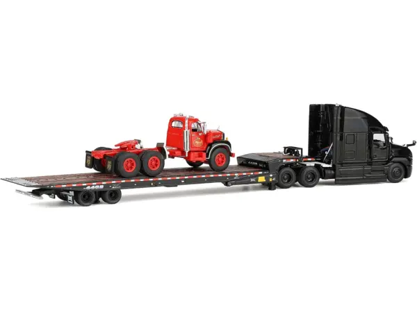 Mack Anthem Sleeper and Landoll 440B-50CA Traveling Axle Trailer Black with Mack B-61 Day Cab Load Red "Mack Anniversary" 1/64 Diecast Model by DCP/First Gear #4