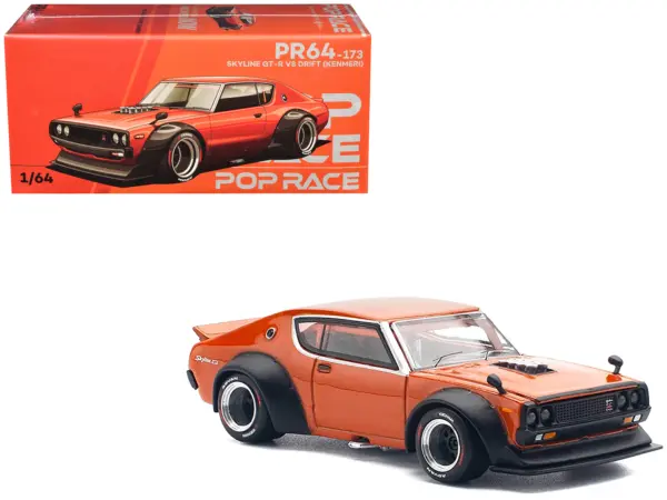 Skyline GT-R V8 Drift "Kenmeri" RHD (Right Hand Drive) Orange Metallic 1/64 Diecast Model Car by Pop Race #1