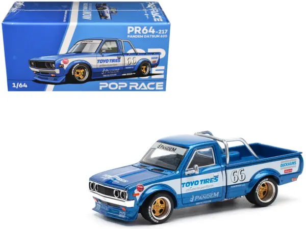 Datsun Pandem 620 Pickup Truck #66 Blue Metallic with White Stripes and Graphics 1/64 Diecast Model Car by Pop Race #1