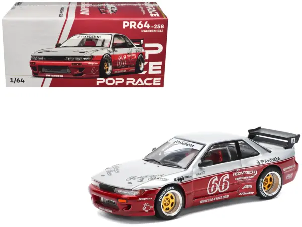 Nissan Pandem S13 RHD (Right Hand Drive) #66 "Moontech" Silver and Red Metallic 1/64 Diecast Model Car by Pop Race #1
