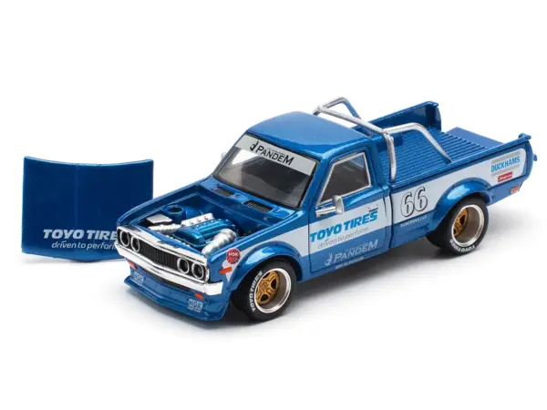 Datsun Pandem 620 Pickup Truck #66 Blue Metallic with White Stripes and Graphics 1/64 Diecast Model Car by Pop Race #2