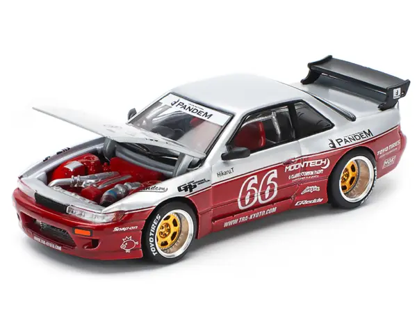 Nissan Pandem S13 RHD (Right Hand Drive) #66 "Moontech" Silver and Red Metallic 1/64 Diecast Model Car by Pop Race #2