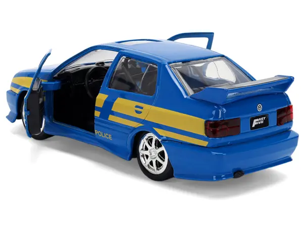 Volkswagen Jetta Police Vehicle "Rio Federal Highway Police" Blue with Yellow Stripes "Fast Five" (2011) Movie "Fast & Furious" Series 1/32 Diecast Model Car by Jada #4