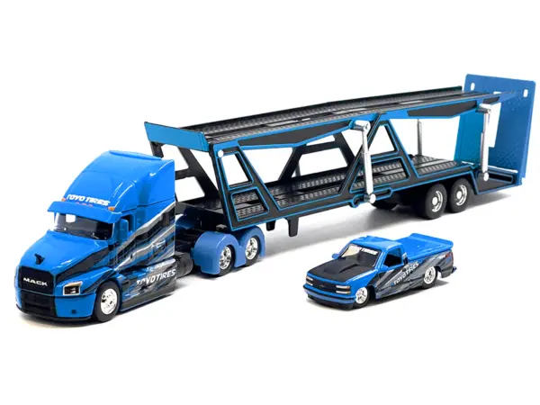 Mack Anthem Open Car Hauler Blue with Graphics and 1993 Chevrolet 454 SS Pickup Truck Blue with Graphics "Toyo Tires" "Transporters" Series 1/64 Diecast Models by Maisto #2