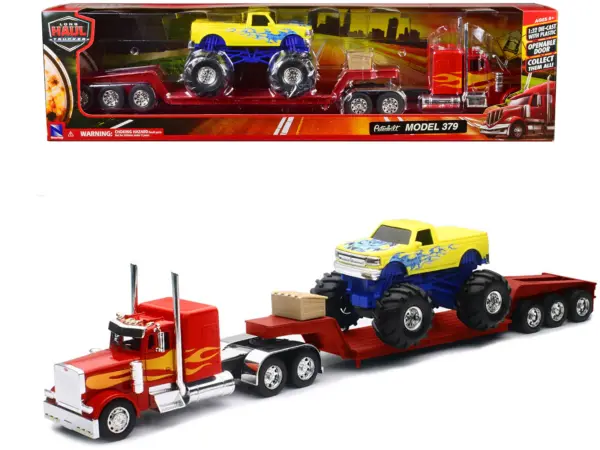 Peterbilt 379 Truck with Lowboy Trailer Red with Orange Flames and Monster Truck Yellow with Blue Flames "Long Haul Truckers" Series 1/32 Diecast Model by New Ray #1