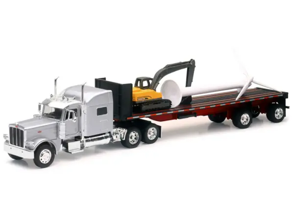 Peterbilt 389 Truck with Flatbed Trailer Silver Metallic with Excavator and Wind Turbine "Long Haul Truckers" Series 1/32 Diecast Model by New Ray #2