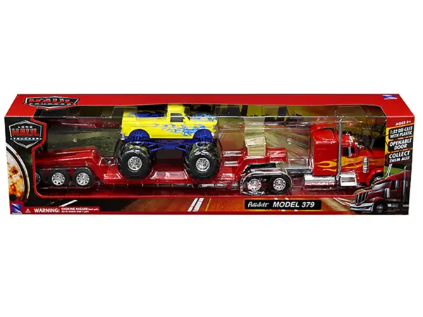 Peterbilt 379 Truck with Lowboy Trailer Red with Orange Flames and Monster Truck Yellow with Blue Flames "Long Haul Truckers" Series 1/32 Diecast Model by New Ray #3