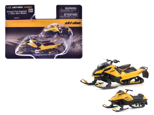 Ski-Doo MXZ Blizzard (Trail Segment) Neo Yellow and Ski-Doo MXZ 120cc (Kid's Model) Neo Yellow Set of 2 Snowmobiles 1/32 Diecast Models by BRP Models #1