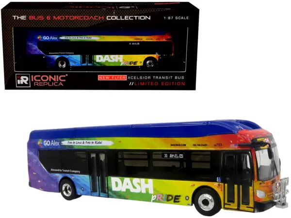 New Flyer Xcelsior XN40 Transit Bus "DASH Pride Livery" Blue with Rainbow Graphics "The Bus & Motorcoach Collection" Limited Edition 1/87 (HO) Diecast Model by Iconic Replicas #1