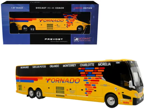 Prevost H3-45 Coach Bus "Tornado Bus Company" Yellow with Graphics Limited Edition 1/87 (HO) Diecast Model by Iconic Replicas #1