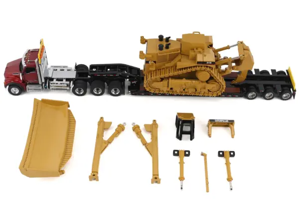 Kenworth T880 Day Cab Red and Trail King TK120 Lowboy Trailer with CAT Caterpillar D11R Dozer and Components Load "Transport Series" 1/50 Diecast Model by Diecast Masters #2