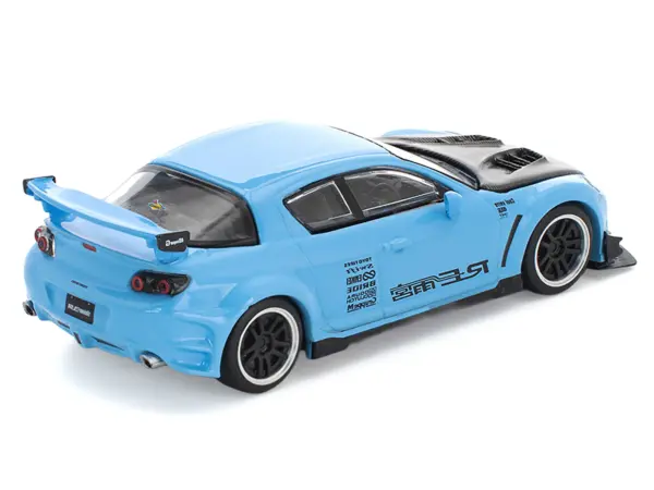 Mazda RX8 RE-Amemiya Widebody RHD (Right Hand Drive) Light Blue with Carbon Hood 1/64 Diecast Model Car by Pop Race #4