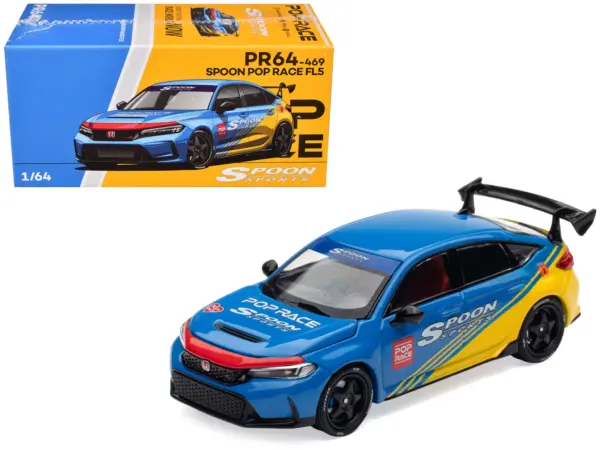 Honda Civic Type R FL5 "Spoon Sports" Blue and Yellow "Tokyo Auto Salon - Hong Kong 2025" 1/64 Diecast Model Car by Pop Race #1