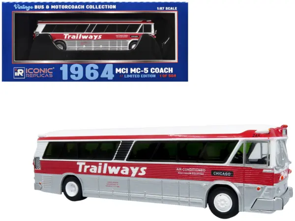 1964 MCI MC-5A Coach Bus "Trailways Chicago" White with Red Stripes "Vintage Bus & Motorcoach Collection" Limited Edition to 504 pieces Worldwide 1/87 (HO) Diecast Model by Iconic Replicas #1