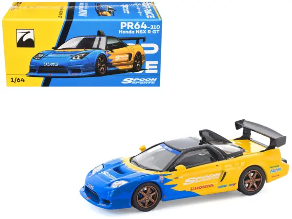 Honda NSX-R GT RHD (Right Hand Drive) "Spoon Sports" Blue and Yellow with Black Top 1/64 Diecast Model Car by Pop Race #1