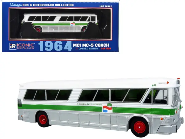1964 MCI MC-5A Coach Bus "Golden Gate Transit" White with Green Stripes "Vintage Bus & Motorcoach Collection" Limited Edition to 504 pieces Worldwide 1/87 (HO) Diecast Model by Iconic Replicas #1