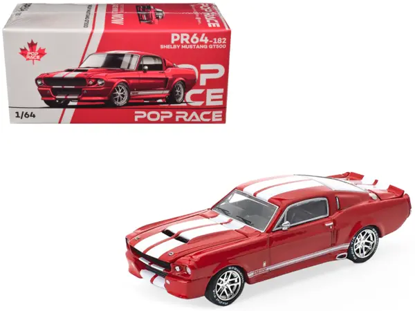 Shelby Mustang GT500 Red Metallic with White Stripes 1/64 Diecast Model Car by Pop Race #1