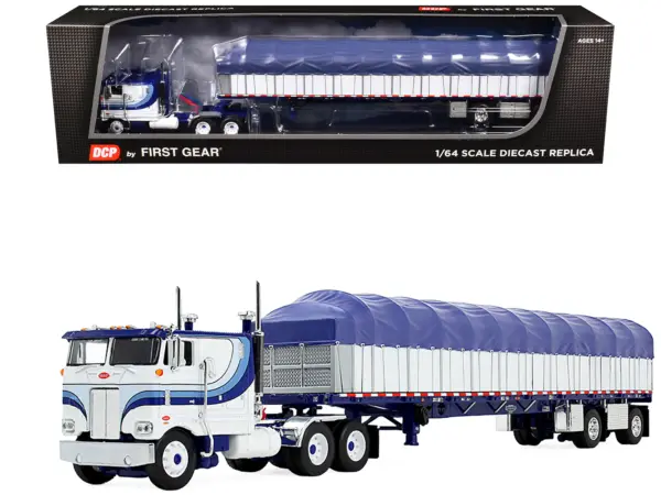 Peterbilt 352 COE 110" Sleeper and 53’ Wilson Roadbrute Flatbed Trailer with Covered Wagon White with Blue Stripes 1/64 Diecast Model by DCP/First Gear #1