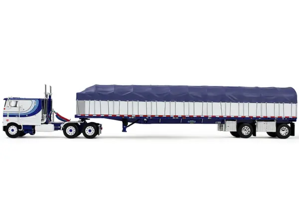 Peterbilt 352 COE 110" Sleeper and 53’ Wilson Roadbrute Flatbed Trailer with Covered Wagon White with Blue Stripes 1/64 Diecast Model by DCP/First Gear #3