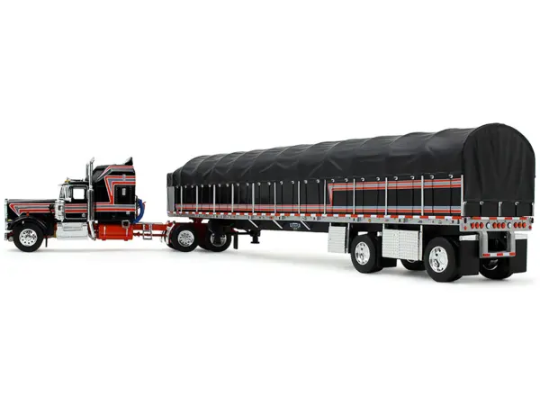 Kenworth W900A with 60" Aerodyne Sleeper and 53’ Wilson Roadbrute Flatbed Trailer with Covered Wagon Black with Red Stripes 1/64 Diecast Model by DCP/First Gear #4