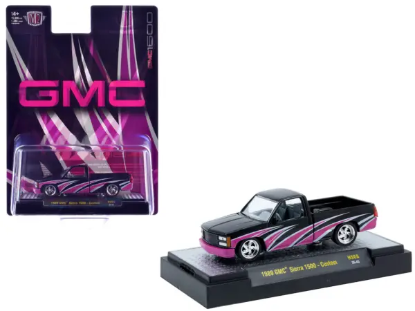 1989 GMC Sierra 1500 Custom Pickup Truck Black with Pink and White Graphics Limited Edition to 15906 pieces Worldwide 1/64 Diecast Model Car by M2 Machines #1