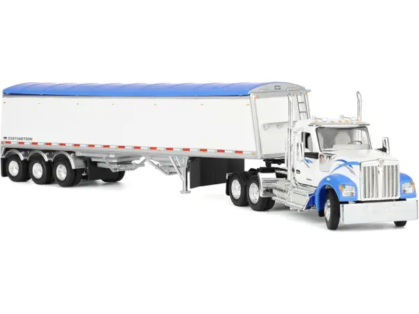 Kenworth W990 Day Cab and Lode King Distinction Hopper Trailer White and Blue 1/64 Diecast Model by DCP/First Gear #4