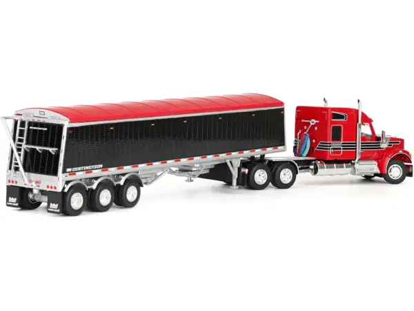 Kenworth W990 with 76" Mid-Roof Sleeper and Lode King Distinction Hopper Trailer Red and Black 1/64 Diecast Model by DCP/First Gear #4