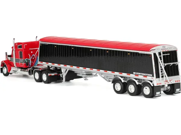 Kenworth W990 with 76" Mid-Roof Sleeper and Lode King Distinction Hopper Trailer Red and Black 1/64 Diecast Model by DCP/First Gear #5