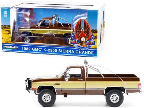 1982 GMC K-2500 Sierra Grande Pickup Truck Brown with Gold Sides "Fall Guy Stuntman Association" "The Fall Guy" (1981-1986) TV Series 1/18 Diecast Model Car by Greenlight #1