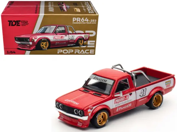 Datsun Pandem 620 Pickup Truck #41 Red Metallic with White Stripes and Graphics "2025 Thailand Diecast Expo" 1/64 Diecast Model Car by Pop Race #1