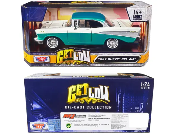 1957 Chevrolet Bel Air Lowrider Turquoise Metallic and White "Get Low" Series 1/24 Diecast Model Car by Motormax #3