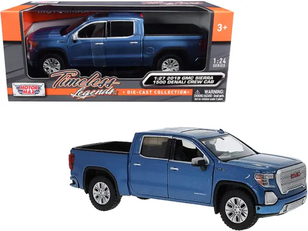 2019 GMC Sierra 1500 Denali Crew Cab Pickup Truck Blue Metallic 1/24-1/27 Diecast Model Car by Motormax #1