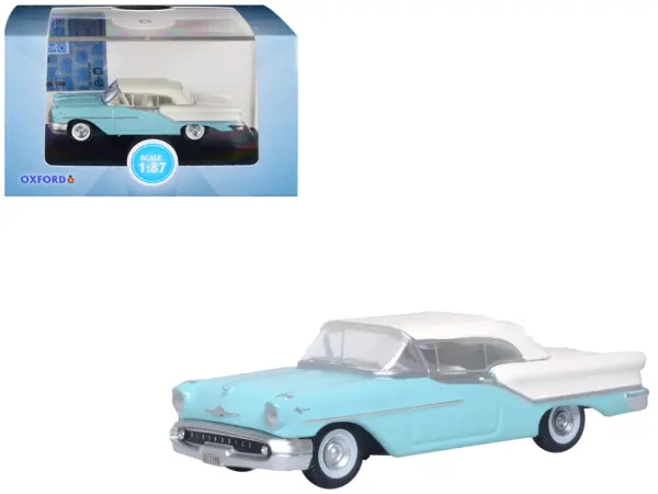 1957 Oldsmobile 88 Convertible (Top-Up) Banff Blue and Alcan White with White 1/87 (HO) Scale Diecast Model Car by Oxford Diecast #1