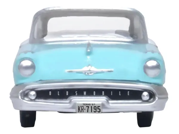 1957 Oldsmobile 88 Convertible (Top-Up) Banff Blue and Alcan White with White 1/87 (HO) Scale Diecast Model Car by Oxford Diecast #4