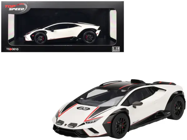 Lamborghini Huracan Sterrato Bianco Asopo White with Matt Black Top and Red Stripes 1/18 Model Car by Top Speed #1