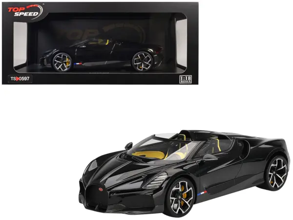 Bugatti W16 Mistral Black with Yellow Interior 1/18 Model Car by Top Speed #1