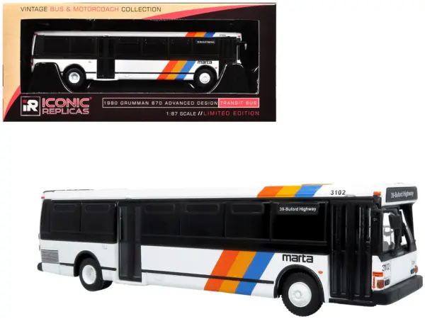 1980 Grumman 870 Advanced Design Transit Bus "MARTA Atlanta" White with Stripes "Vintage Bus & Motorcoach Collection" Limited Edition 1/87 (HO) Diecast Model by Iconic Replicas #1