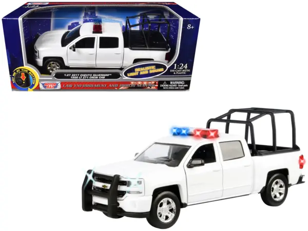 2017 Chevrolet Silverado 1500 LT Z71 Crew Cab Pickup Truck with White with Flashing Light Bar and Front and Rear Lights and Sounds 1/27 Diecast Model Car by Motormax #1