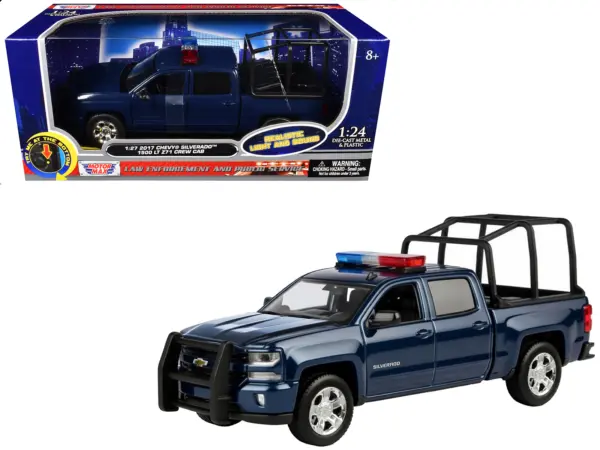 2017 Chevrolet Silverado 1500 LT Z71 Crew Cab Pickup Truck with Bed Cage Dark Blue with Flashing Light Bar and Front and Rear Lights and Sounds 1/27 Diecast Model Car by Motormax #1