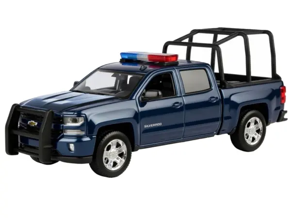 2017 Chevrolet Silverado 1500 LT Z71 Crew Cab Pickup Truck with Bed Cage Dark Blue with Flashing Light Bar and Front and Rear Lights and Sounds 1/27 Diecast Model Car by Motormax #2