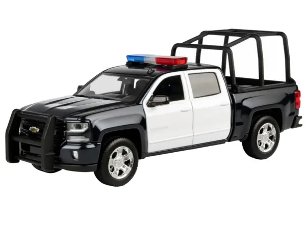 2017 Chevrolet Silverado 1500 LT Z71 Crew Cab Pickup Truck with Bed Cage Black and White with Flashing Light Bar and Front and Rear Lights and Sounds 1/27 Diecast Model Car by Motormax #2