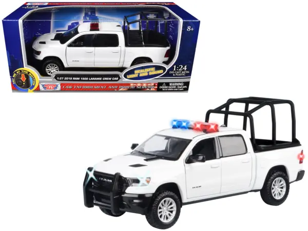 2019 RAM 1500 Laramie Crew Cab Pickup Truck with Bed Cage White with Flashing Light Bar and Front and Rear Lights and Sounds 1/27 Diecast Model Car by Motormax #1