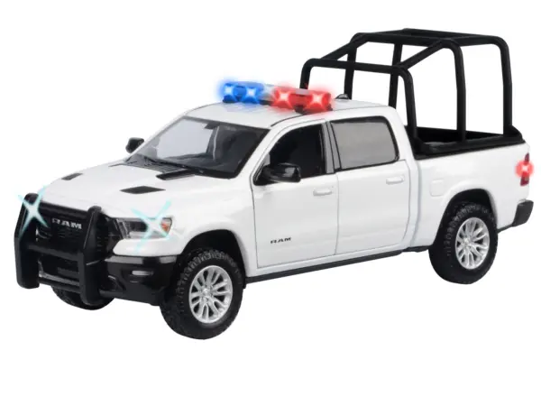 2019 RAM 1500 Laramie Crew Cab Pickup Truck with Bed Cage White with Flashing Light Bar and Front and Rear Lights and Sounds 1/27 Diecast Model Car by Motormax #2
