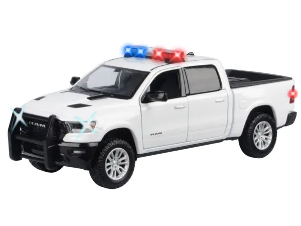 2019 RAM 1500 Laramie Crew Cab Pickup Truck White with Flashing Light Bar and Front and Rear Lights and Sounds 1/27 Diecast Model Car by Motormax #2